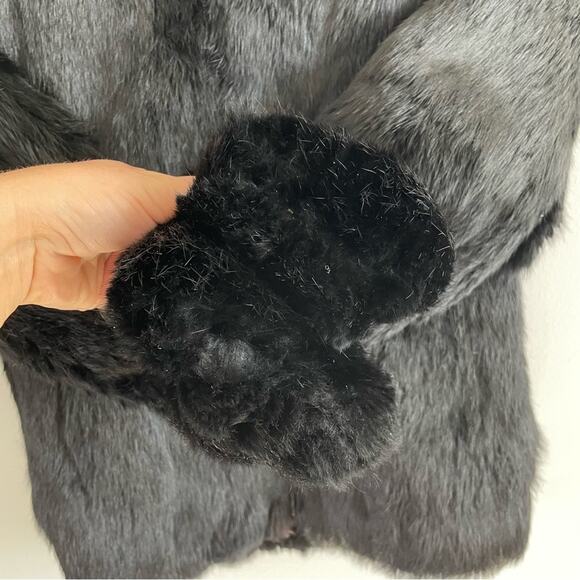 Niki | Vintage Black 100% Rabbit Fur Bomber Jacket Full Zip With Mock Neck Coat - Picture 4 of 11